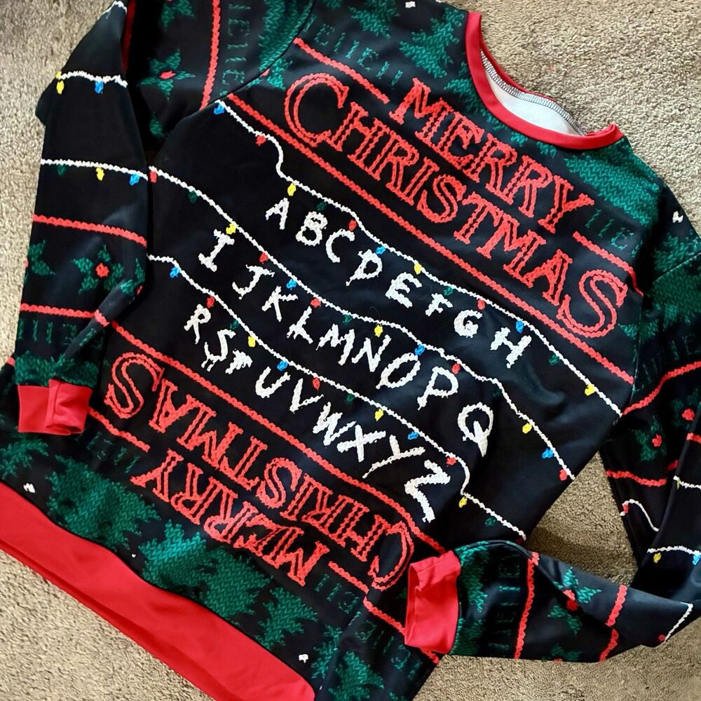 Vintage 2015 Stranger Things Christmas Sweater The Upside Down Alphabet Lights
